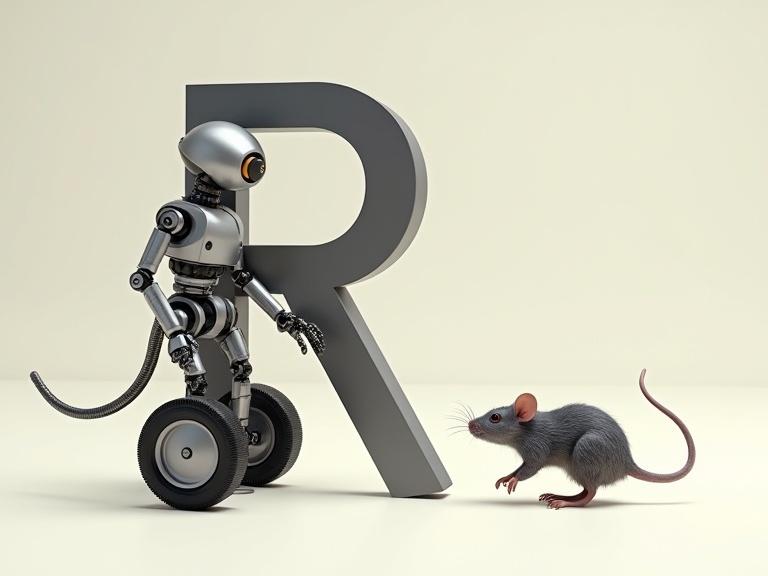 Visual of the capital letter 'R' as a robot. The letter 'r' as a small wheel next to the robot. A gray rat running beside the robot.