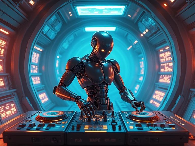 Photorealistic art depicting robot DJ performing inside cyberpunk spaceship. Surrounding illuminated control panels and sleek metallic corridors. Realistic lighting captures neon reflections and soft ambient ship lights. Energetic futuristic party mood. Slight low-angle 3/4 view composition.