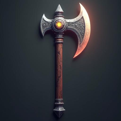 Digital art of a fantasy great axe. The axe features a wooden handle and elaborate metallic design. A glowing orange gem is embedded in the axe head. The background is dark to highlight the axe.