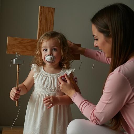 A mother and daughter engaging in imaginative play involving a large wooden cross. The daughter holds a toy hammer while the mother assists playfully. The daughter wears an oversized pacifier as part of the scene. The image conveys a creative interaction between parent and child in a lighthearted manner.