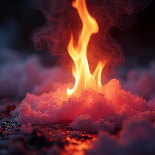 A burning lithium piece creates bright flames. Orange and red colors dominate the scene. The background shows a snowy texture. Close-up view captures the flames' intensity.