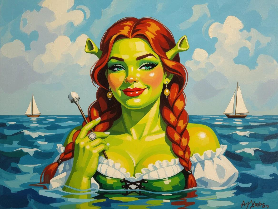 An oil painting featuring a character inspired by Shrek. Bright green skin is present. The character has long red hair in braids. A lively sea scene is in background. The character's expression is playful and inviting.