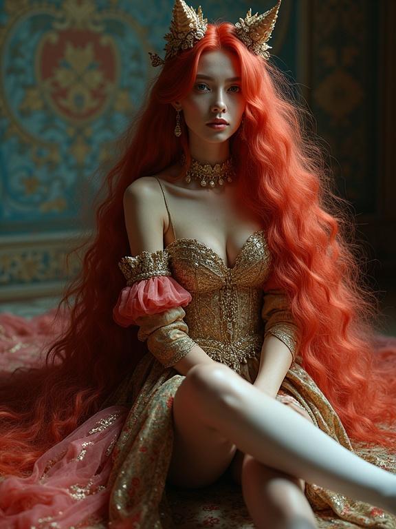 Photo of a girl in a hyper opulent elaborate dress. She has a long volume hairstyle. The setting is Neoclassical style. Girl has long legs and is sitting elegantly.