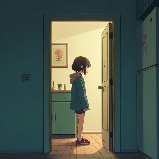 Anime style scene depicting a girl standing in a narrow room doorway. The room is softly lit, showcasing a minimalistic design. The girl appears contemplative, emphasizing a sense of isolation.