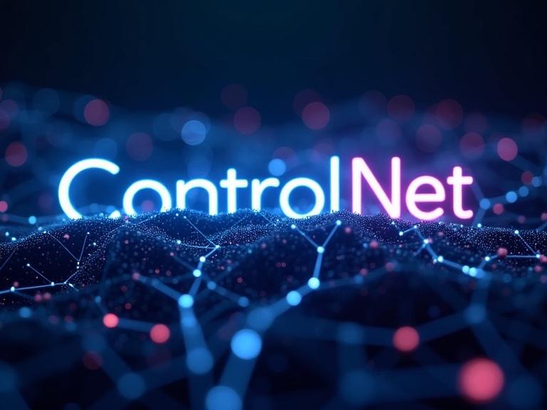Futuristic neural network visualization with glowing lines connecting nodes and the text 'ControlNet' in a modern font. Abstract view of interconnected data streams flowing into the main network. Cinematic lighting with intricate details in cyan and purple gradients.