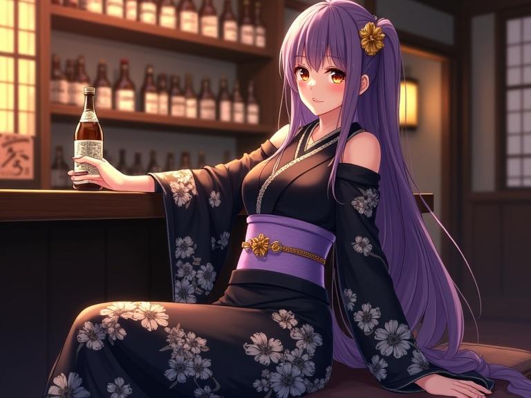 Anime woman with long violet hair wearing black kimono with floral patterns. Reclining on bar counter. Establishing eye contact with viewer. Traditional Japanese bar interior. Intimate and warm atmosphere.