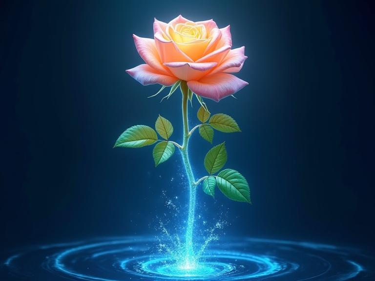 A luminous rose blooms against a deep blue backdrop. Petals shimmer with an ethereal glow. The flower's center radiates a warm golden light. Sparkling particles dance around creating a magical aura. The stem has vibrant green leaves. Downward enveloped by swirling electric blue energy. Dramatic splash at the base. The scene captures a gentle upward pan emphasizing beauty and dynamic light.