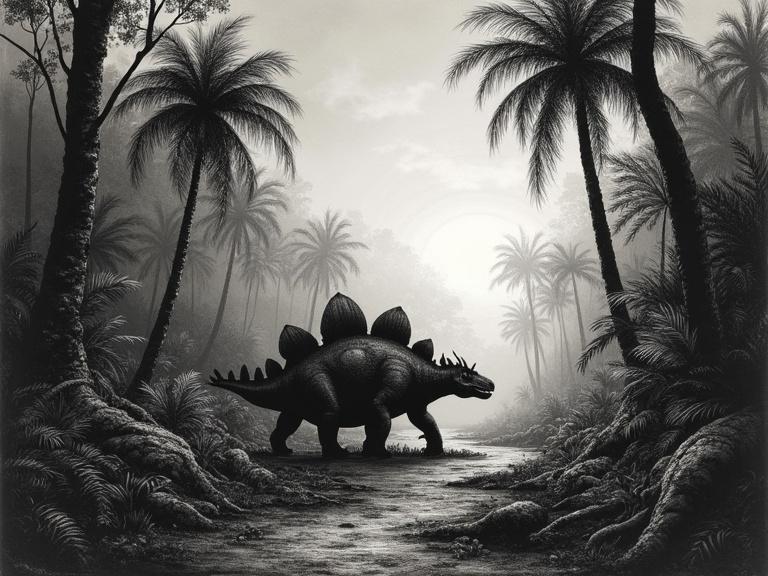 A charcoal drawing of a Jurassic jungle filled with ferns and cycads under a dim twilight sky. A stegosaurus stands still near fallen trees. Ash drifts through the air. The artwork conveys a mournful mood with heavy shadows and smudged lines, reflecting echoes of extinction.