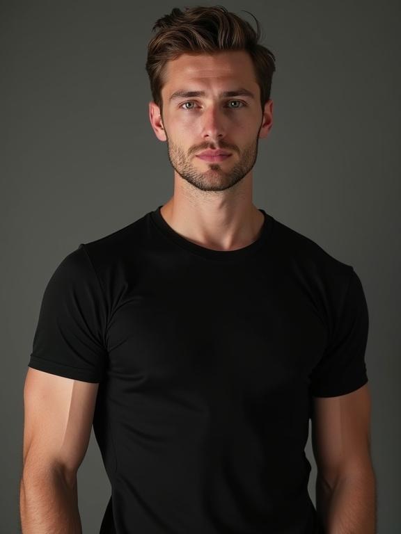 Portrait of a muscular young man. He is wearing a tight black t-shirt. The background is a subtle gray tone. Focus on his facial features and physique.