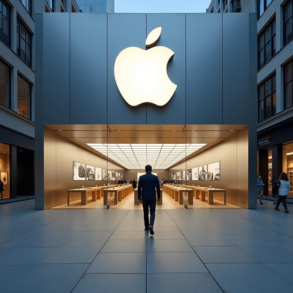 A man walks into a sleek, modern store featuring a large glowing apple logo above the entrance.