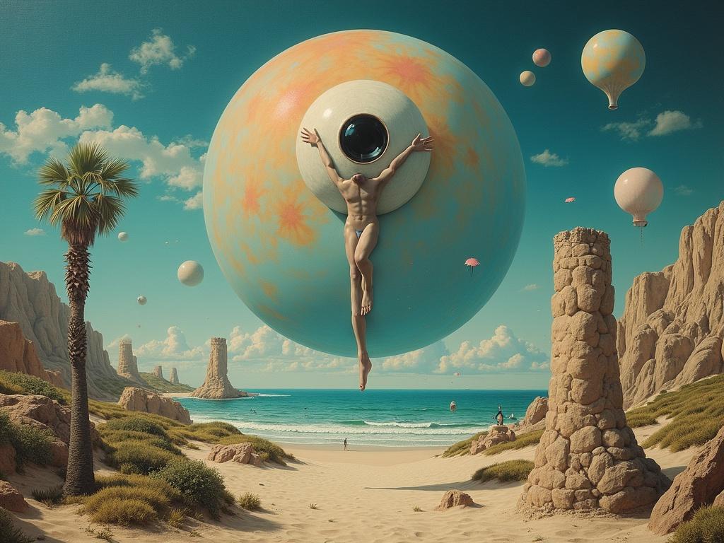 Surrealist outdoor alien landscape features floating figure and a giant eyeball. Highly detailed painting invokes styles of multiple artists. Captures a busy and complicated dream-like scene by the beach. Elements include palm trees and rock formations.