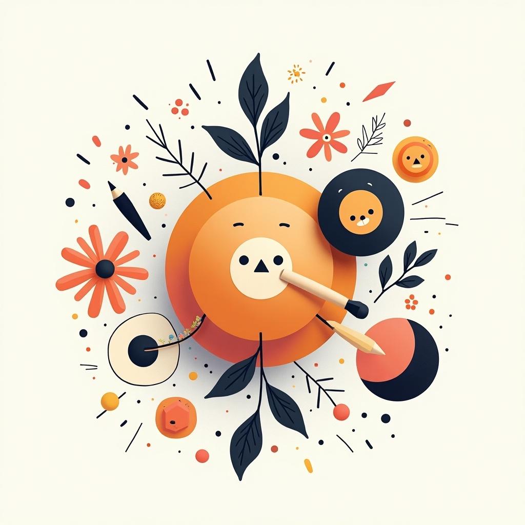 Design for testing illustrator skills with a central character and various decorative elements. Character is vibrant and playful with pencil. Include flowers, circles, and dynamic shapes.