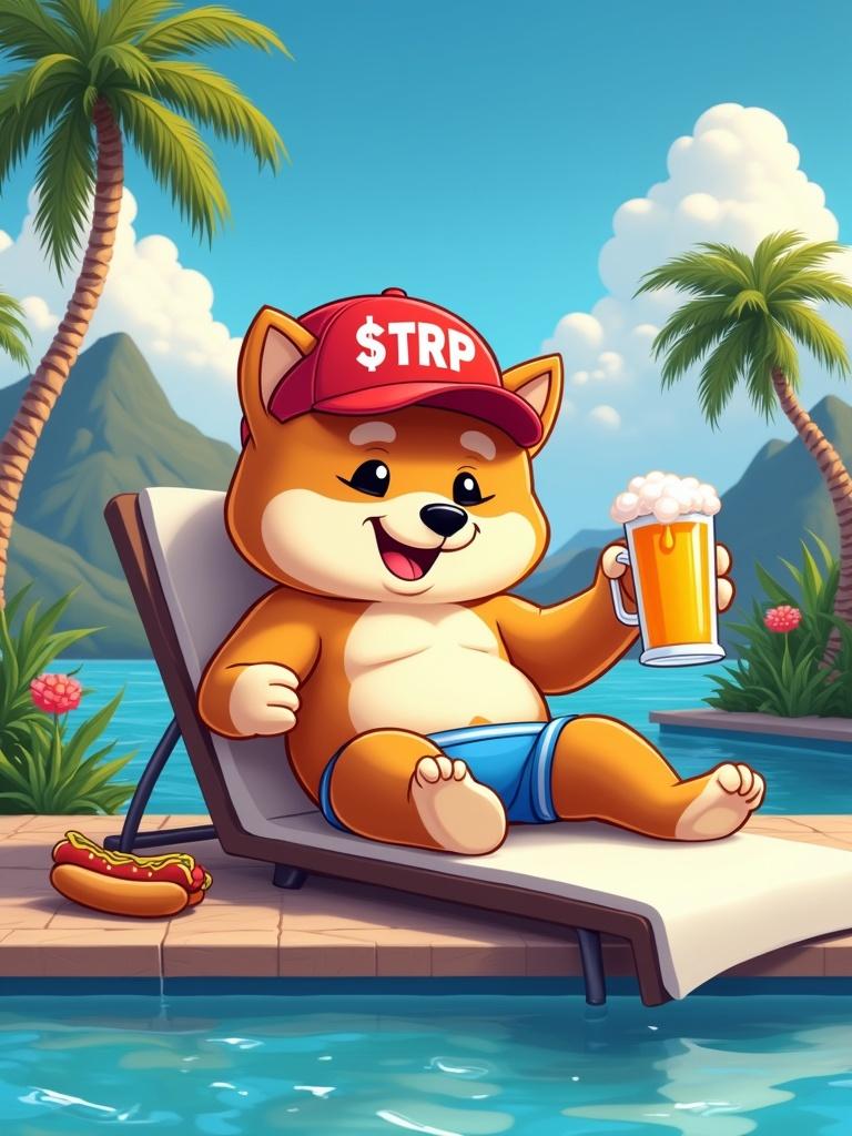 Digital illustration features a cartoon Shiba dog in a red cap with $TRP. The character enjoys a drink by the pool in blue swimwear. A hot dog is nearby. Background is a tropical scene with palm trees and mountains under a sunny sky.