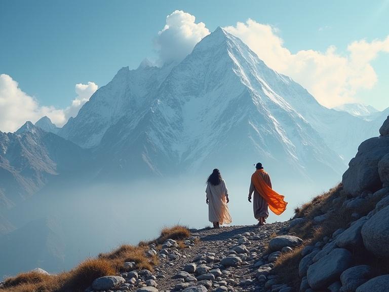 Two figures in traditional attire walking on a mountain path. Majestic snow-capped peak in the background. Serene and tranquil atmosphere with soft light.