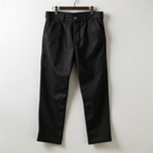 A pair of black slim-fit men's ankle pants on a hanger. The pants have a mid-rise waist with no fastening. Only belt loops are visible. The pants are cropped above the ankles for a modern look. The fabric is smooth, emphasizing clean lines. The background is neutral and minimalist.