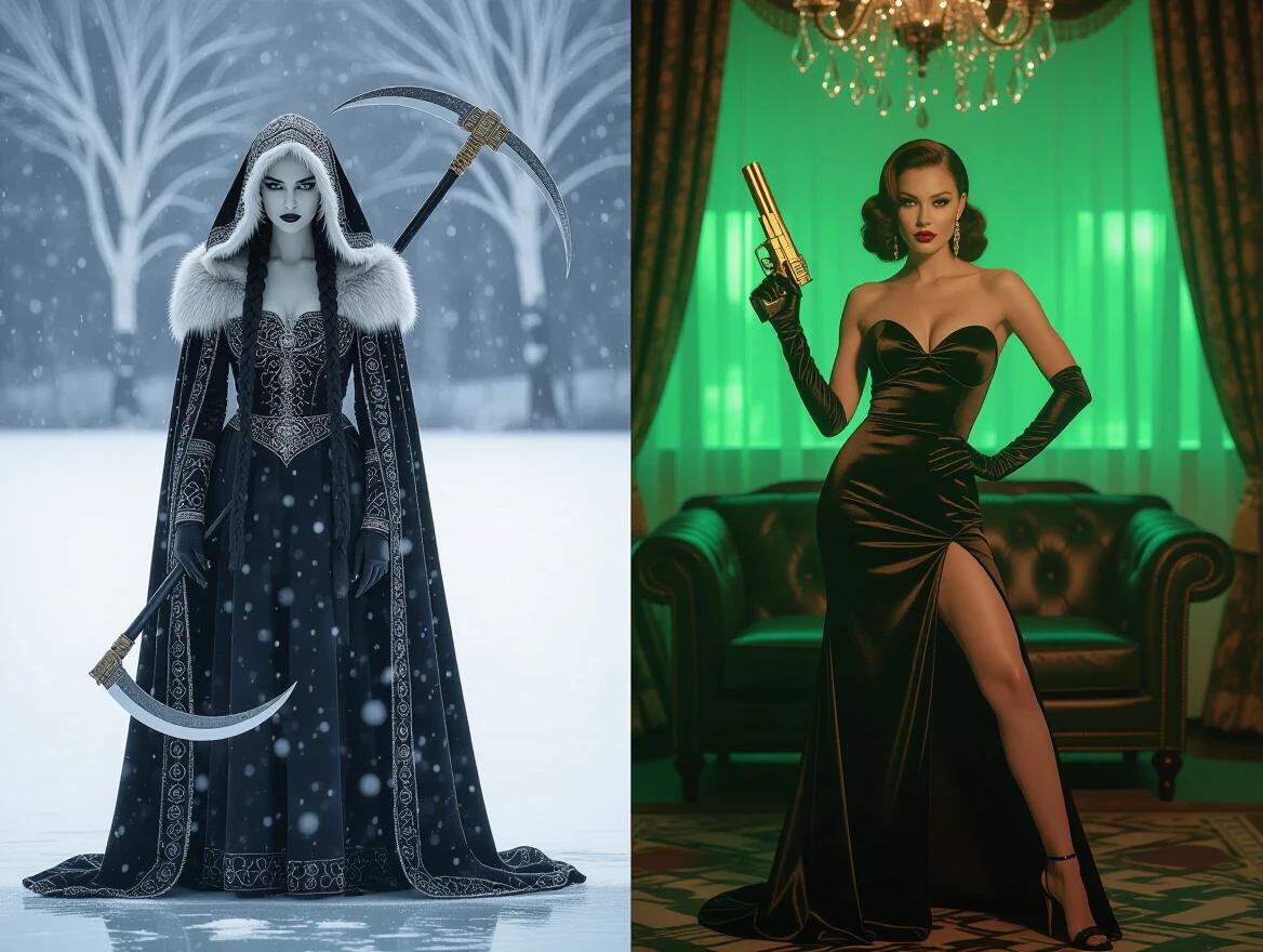 A split-frame photorealistic portrait of two women. Left side shows Mara, the Slavic goddess of death at a frozen lake. Right side features a 30s femme fatale in a black dress aiming a gold Desert Eagle. The two women’s reflections merge in a shattered mirror. Dramatic contrast of life and death, luxury and decay.