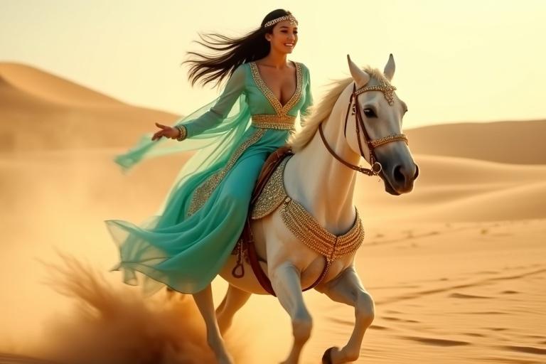 A white Arabian horse gallops in the desert with an Arabian princess. The princess wears a turquoise outfit with gold detailing. She has long black hair and rides gracefully. The background shows sand dunes with a golden glow. The scene captures energy and movement.