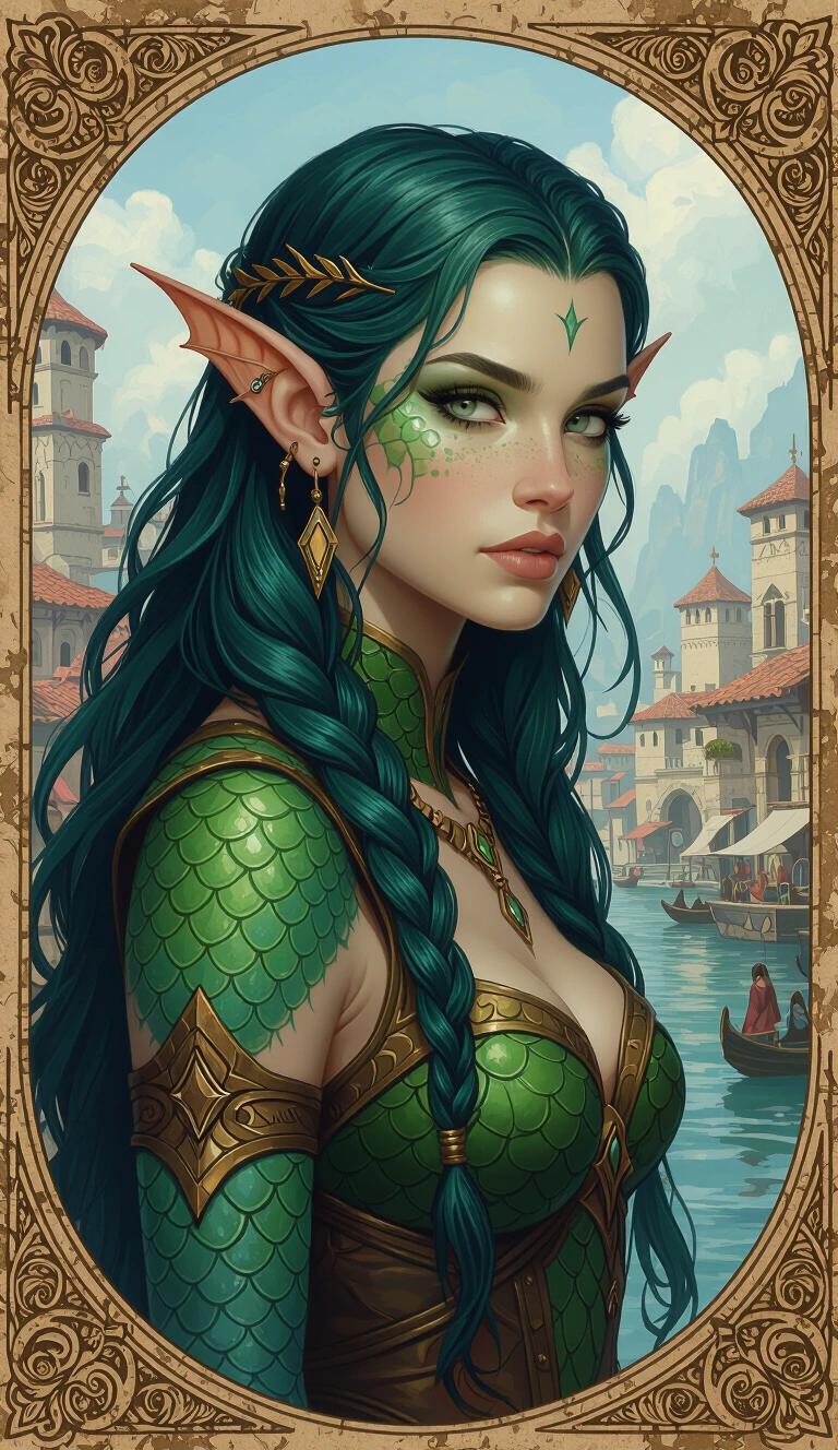 Dark theme oil-painting style illustration of a Triton fish-person female. Character has sharp finned ears and fully green-blue coloured skin. She wears Theros-Fantasy clothing. The character has long, slick-backed green-blue hair and fish scaled skin set against a harsh Ancient-Therosian-Fantasy port city background.