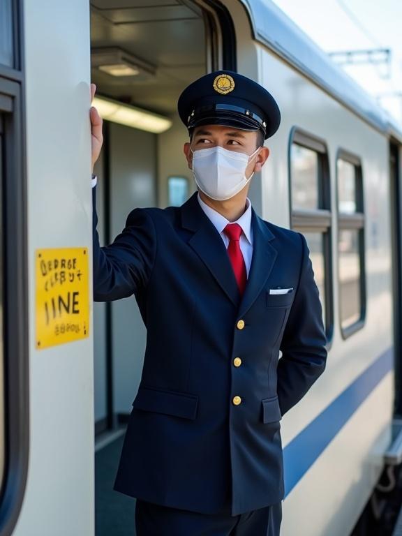 Photograph of a male train conductor standing in the doorway of a white train with blue accents. Wearing a dark blue uniform with a white shirt and red tie. Face covered with a white mask. Arms raised. Yellow sign with 'Wet the Line'. Daytime urban setting with a train platform in background. Conductor looking out with a neutral expression. Casual pose in medium close-up.