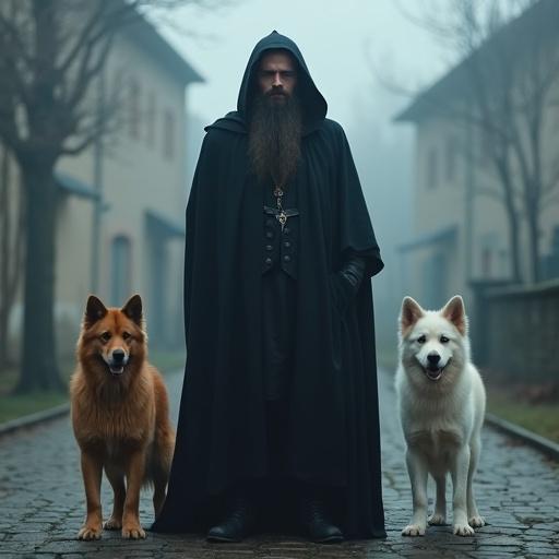 Somber man in dark cloak stands in mist with two dogs. He has a thick beard. Background has old buildings and bare trees. Cobblestone ground adds rustic feel. A faint glow is by his side.