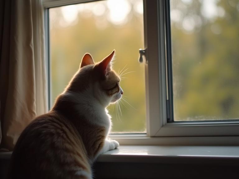 A cat looking intently through a window. The cat is an orange tabby with white fur sitting on a windowsill. Soft natural light illuminates the scene.