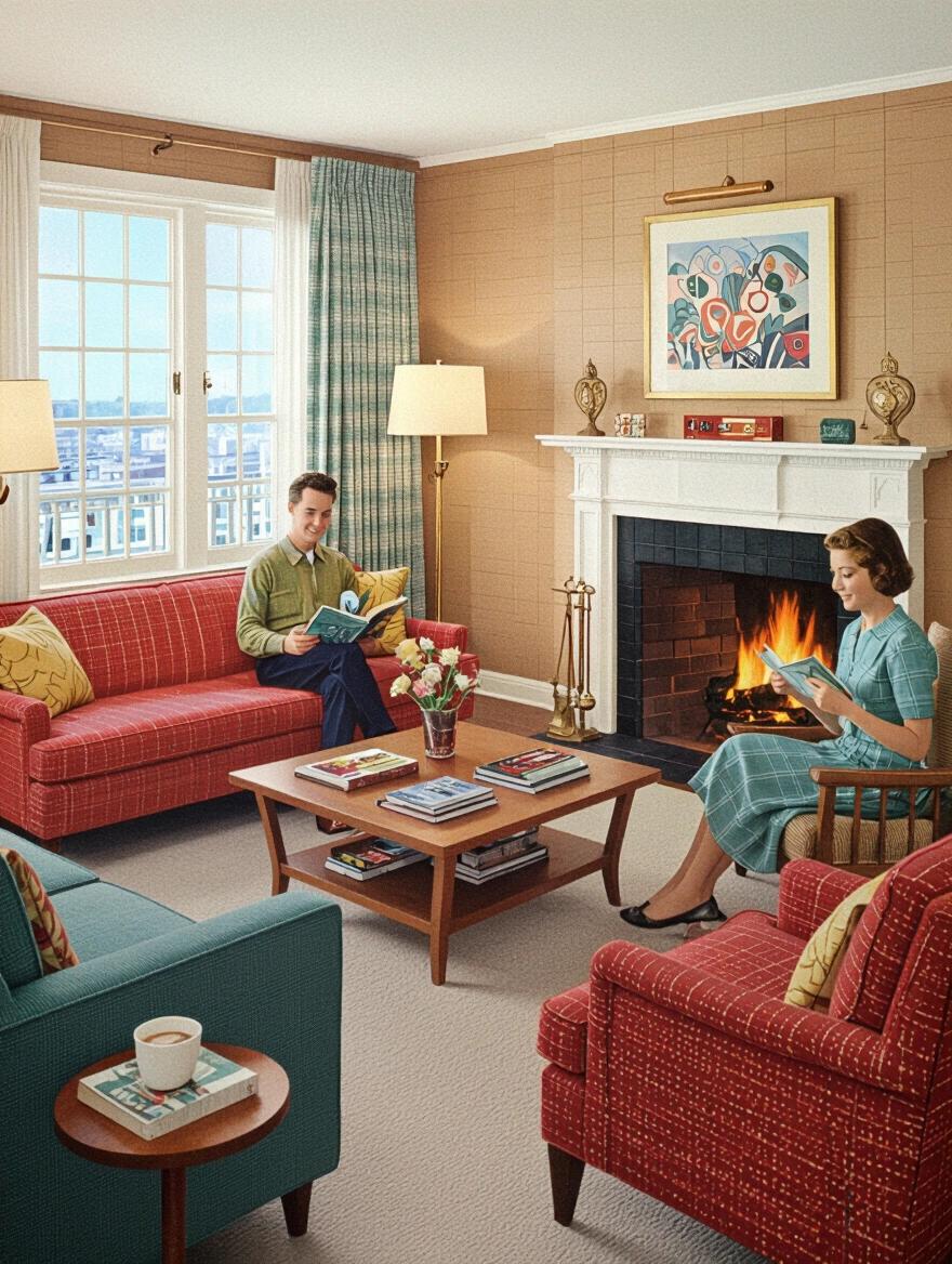 Living room from the 1950s with a cozy feel. Two people sitting on red sofas reading books. A warm fireplace adds to the ambiance. Stylish furniture and decor complement the period design.