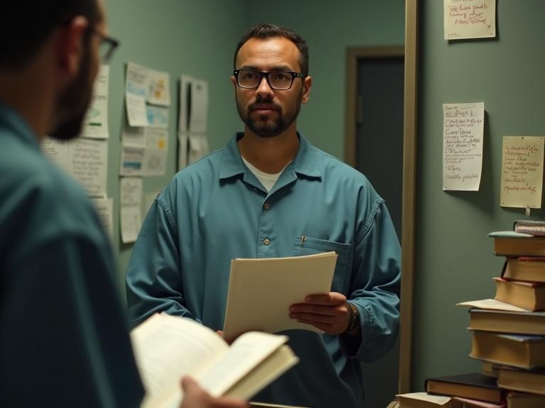 Prisoner in a teal outfit stands in front of a mirror. The prisoner wears glasses and holds legal documents. Surrounding are open law books and papers on the wall. Scene illustrates empowerment and transformation.