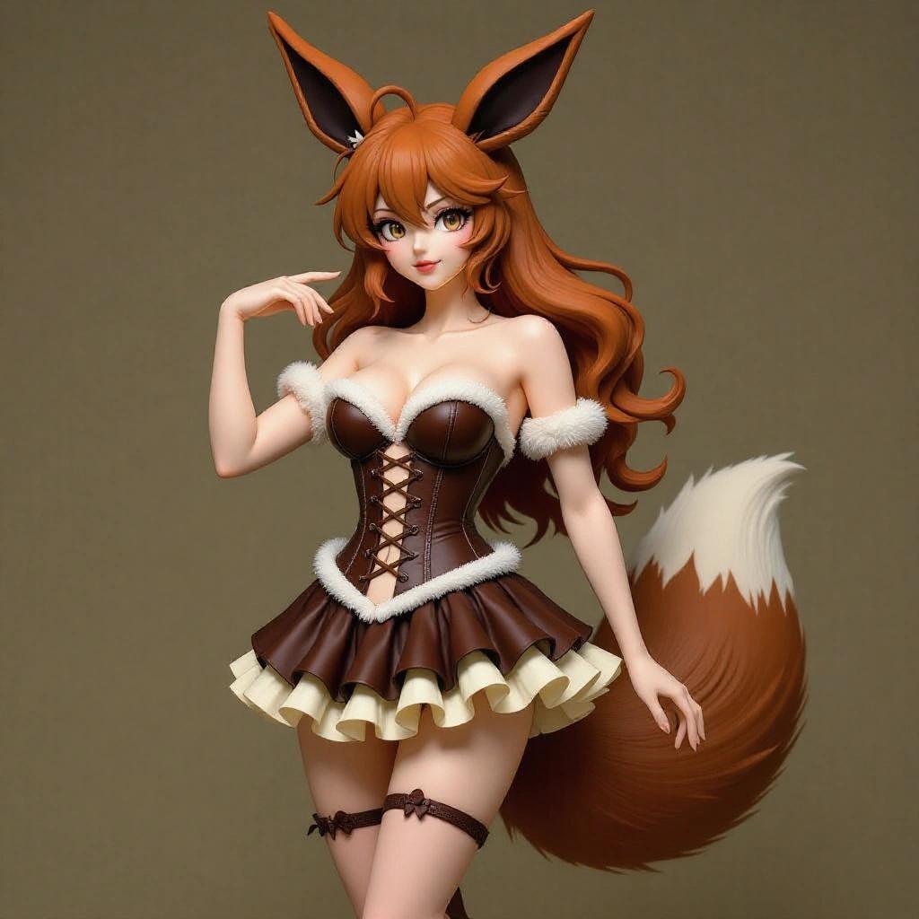 Adult female resin figure inspired by Eevee. Sensual woman with a slender curvaceous body. Soft skin and long legs with a narrow waist. Tight brown corset with plush edges inspired by Eevee's fur. Short skirt with creamy ruffles. Long loose auburn hair with large pointy ears. Voluminous furry tail. Seductive expression with intense gaze. Feminine pose with one leg crossed and hip tilted. Base decorated with curves and leaves, connected for resin printing.