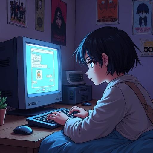 Anime-style teenager in a bedroom from 2003. Room lit by a CRT monitor. Teen chatting on MSN Messenger. Display shows pixelated emoticons. Posters of pop-punk bands decorate the walls.
