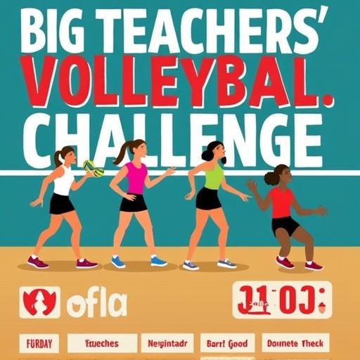 Poster for a volleyball challenge featuring teachers. Includes event details. Illustrates teachers actively participating in volleyball.
