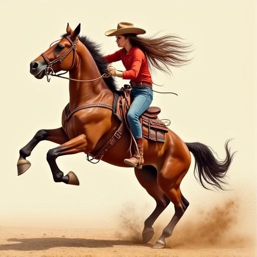 Cowgirl with long brown hair rides rearing horse. She wears a cowboy hat and red shirt. Brown horse’s hooves kick up dirt on dusty ground against neutral background.