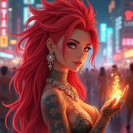 Anime character depicted in futuristic nightclub wearing an extravagant dress. Character has distinctive spiky red hair and fire energy in her hand. Set amidst a lively crowd. Features include vibrant tattoos and luxurious accessories. A blend of cultural elements and futuristic design.