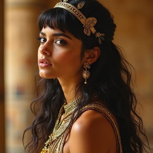 A woman embodies the essence of ancient Egypt with intricate jewelry. Long dark hair cascades around her face. Soft warm lighting brings out the golden tones in her outfit. An elegant portrayal resembling historical figures.