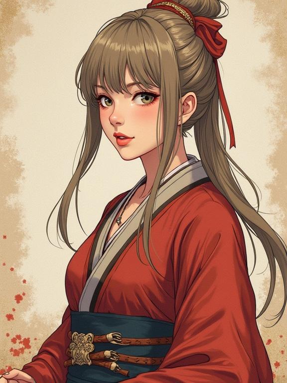 Portrait of a character in traditional attire with long hair and intricate details. The character has a delicate expression and is set against a muted background. Art style resembles characters from KOEI video games.
