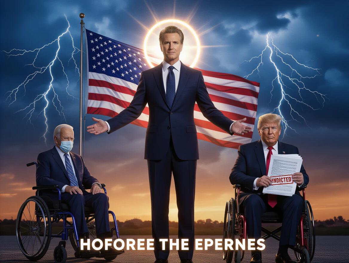 A political scene featuring Gavin Newsom with arms open, an American flag behind. Joe Biden sits in a wheelchair, fragile, oxygen mask on. Donald Trump holds legal documents marked INDICATED, both with serious expressions. Stormy background with lightning and high contrast shadows.