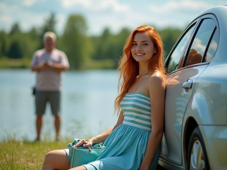 A young woman with ginger hair wearing a light-blue dress sits by a silver car near a calm lake. She is relaxed and centered in the image. The background shows a blurred countryside landscape on a sunny day.