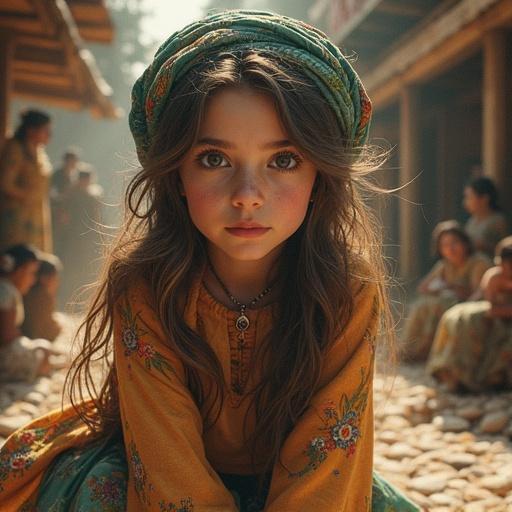A portrait of a young girl with long hair and bright eyes. She wears a colorful dress and headscarf. The background shows a traditional setting with other children. Bright and vibrant colors used throughout the scene.