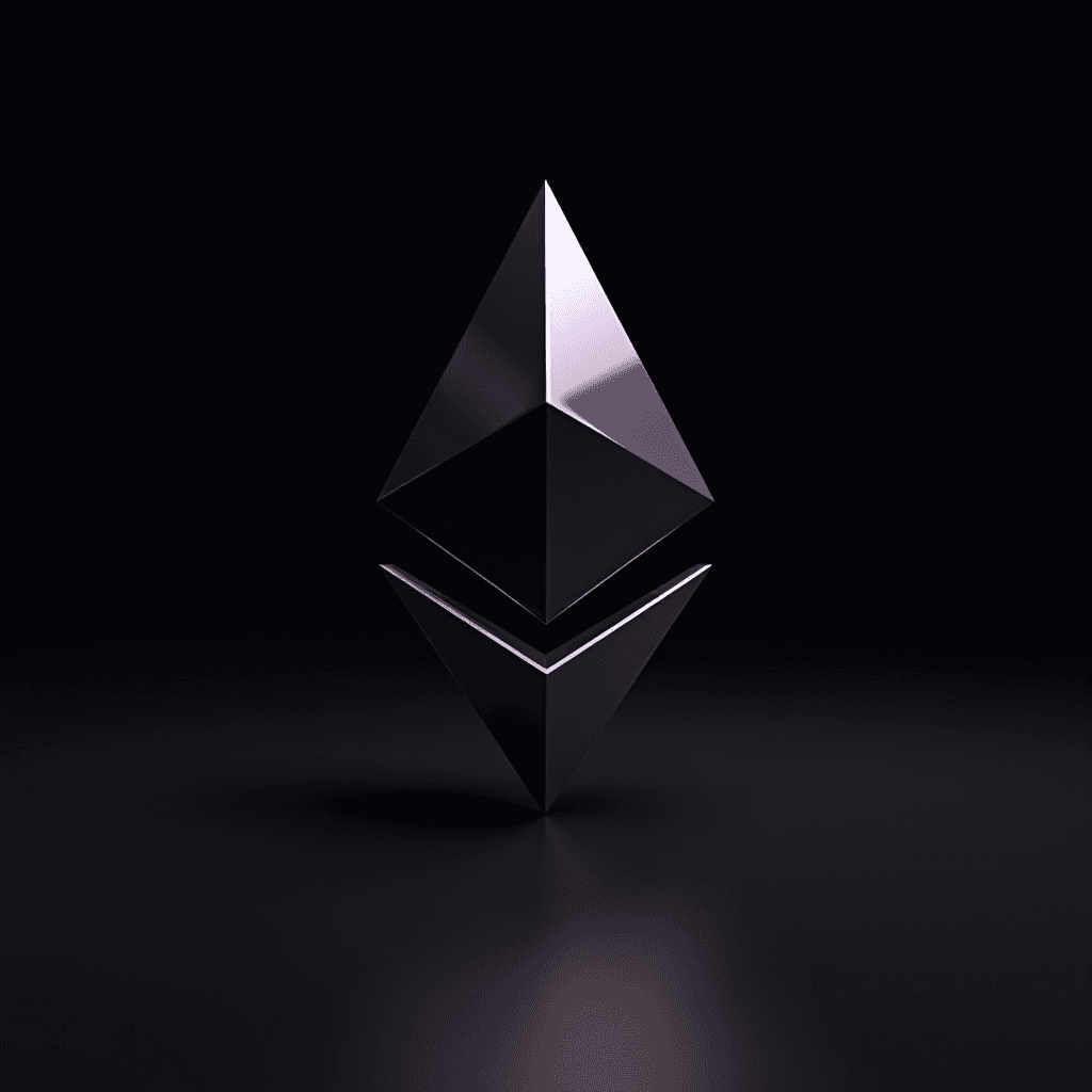 A sleek, metallic three-dimensional emblem resembling an angular prism, suspended in a dark, reflective environment.