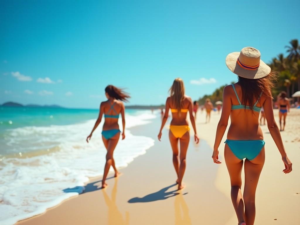 This image depicts three young women walking along a sandy beach on a bright summer day. The sun shines brightly overhead, illuminating the vibrant blue of the ocean and the warm golden sands. Each woman is wearing a colorful bikini, showcasing a relaxed and carefree vacation vibe. The shoreline waves gently lap at their feet as they stroll, enjoying the warmth of the sun and the beauty of nature. In the background, other beachgoers can be seen enjoying the day, contributing to a lively and inviting atmosphere.