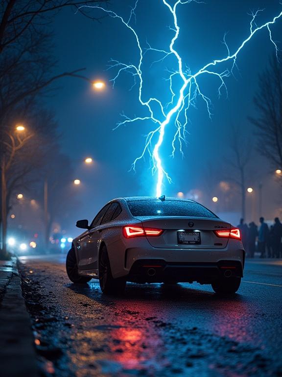 Image for book cover about car electricity. A white BMW under a striking lightning bolt at night with wet streets and blurred crowds in the background.