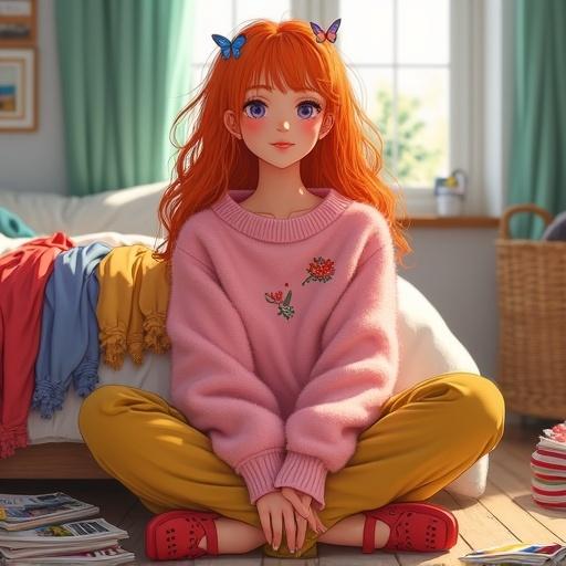 A young woman with orange hair sits cross-legged. She wears a pink sweater with floral embroidery and mustard-yellow pants. Red clogs on her feet. Butterfly clips in hair. Room has folded clothes, a wicker basket, and scattered magazines. Lighting is soft and warm, textures are detailed.