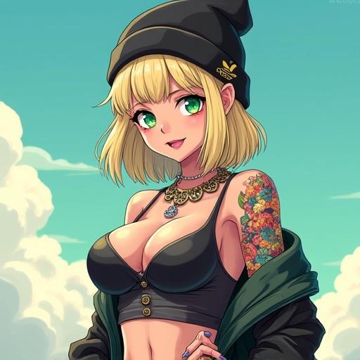 Anime portrait of a 40-year-old woman with emerald green eyes and a beautiful face. She has an oversized light blonde blunt bob haircut and wears light pink diamond jewelry. The character style is super futuristic and high-tech, dressed in edgy Adidas streetwear. Half Japanese half Saiyan heritage, she stands tall with big breasts, muscular arms, and 6-pack abs. Light pink lipstick and white eyeshadow complete her look with colorful traditional Japanese tattoos on display. Portray a happy demeanor, along with aqua E. and a golden lotus print in her attire. Depict her morning scene flying in the sky with a cybernetic right leg, and a stylish Adidas beanie hat.