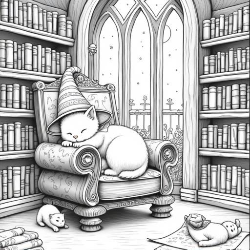 Detailed black and white line art scene of a sleeping kitten. Kitten wears a wizard's hat and small cape on an armchair made from books. A cozy magical library setting with bookshelves, potions, and a starry sky visible through windows. Another small kitten plays on the floor. Clean lines and intricate details. Charming and whimsical atmosphere.