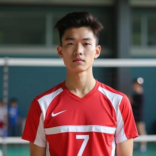 Athlete wears a red volleyball uniform from the university. The uniform features the name Zheng Liu. The individual appears to be a 21-year-old man from Singapore with an athletic build. The background shows an indoor gym setting. The player is posed attractively with the number 7 displayed prominently on the uniform.
