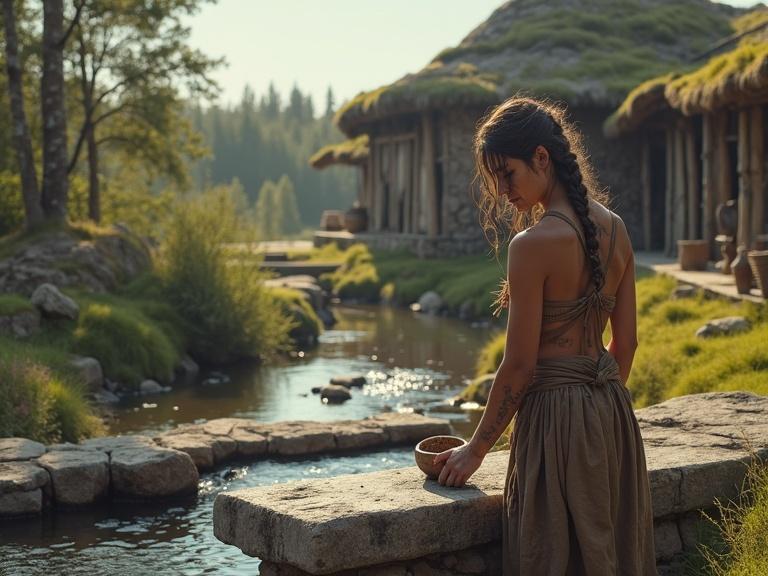 Photorealistic scene depicting a young woman in a northern post-apocalyptic Bronze Age village. She stands beside a stone aqueduct flowing through the settlement. The climate features birch and pine trees, mossy stones, and spring flowers. Her tunic tied with plant cord. The village includes stone huts, linen, and woven baskets. Late spring morning with soft lighting.