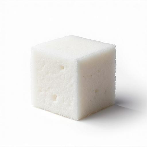A single cube of sugar positioned on a white background. The cube appears thick and textured with a soft surface.