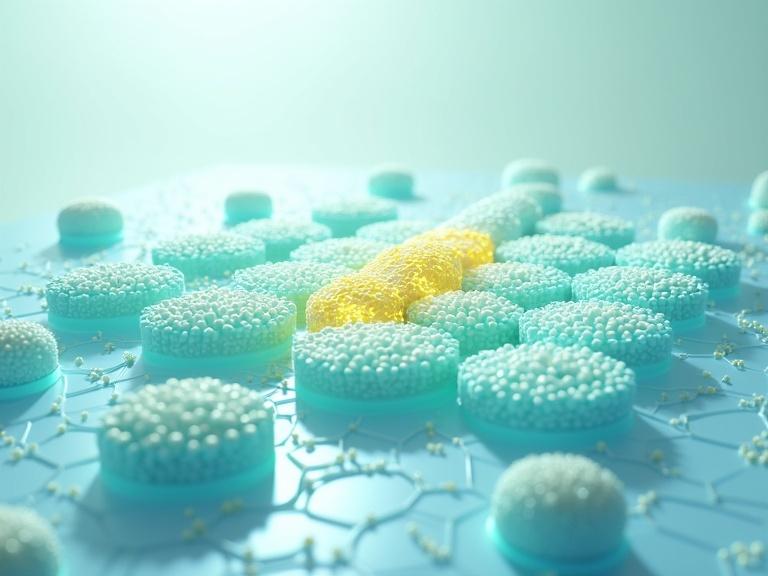 Futuristic scientific illustration of high-performance n-type organic semiconductors. Visualize electron flow along polymer backbone. Show crystalline film morphology with ordered and disordered domains. Include diffusion of dopant molecules. Represent high electrical conductivity and rapid electron transport. Modern, clean style with light background and soft blue and green tones to convey electronic properties.