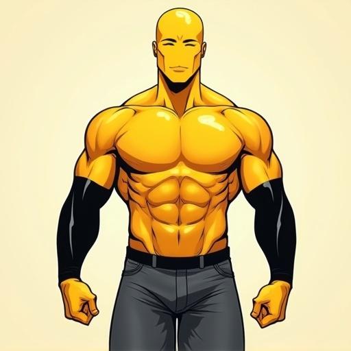 Full-body illustration of muscular male character with shiny golden-yellow skin and expressionless mask. Defined physique with six-pack abs and large muscles. Dark gray pants and black sleeves on arms. Plain background to emphasize character. Entire figure visible and centered. Comic book style with clean lines and slight shading.