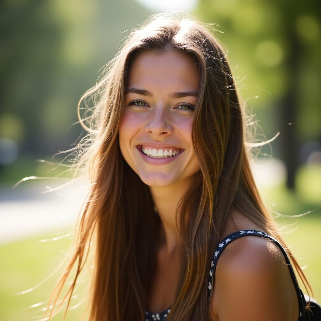 A person with long hair stands in a sunny outdoor setting. The background is blurred with greenery and sunlight. The focus is on the individual's hair and outfit, creating a warm and inviting atmosphere.