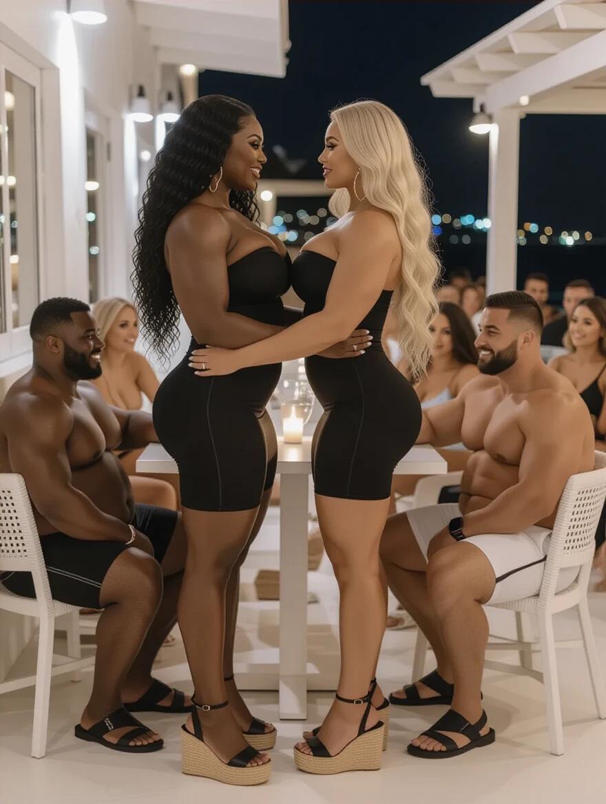 Two bodybuilder women stand side by side. One is African with long curly black hair. The other is Scandinavian with long wavy blonde hair. Both are in tight black dresses and heels. They are in a Mykonos bar at night. People are seated at the table nearby. The atmosphere is lively.